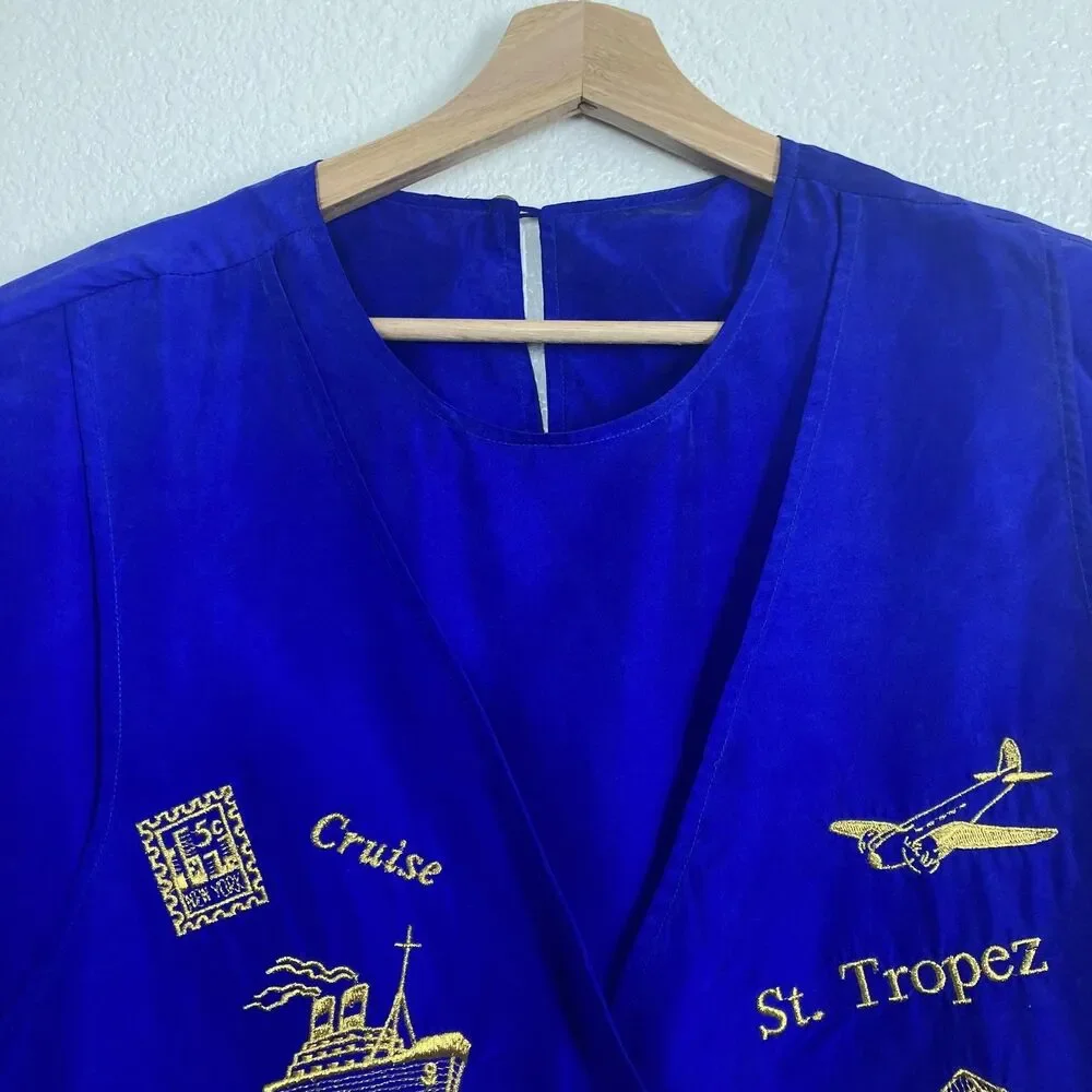 Vintage Strictly Silk Shirt Womens Medium Travel Embroidered Rome Venice St - Picture 6 of 16